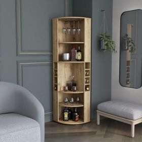 Oban Corner Bar Cabinet with Five Shelves , Eight Bottle Cubbies and Steamware Macadamia