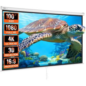 VEVOR Manual Projector Screen, 100 inch 16:9 4K 1080 HD Retractable Pull Down Projector Screen