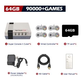 Super Console X Cube Retro Game Console Support 117000 Video Games 70 Emulators for PSP/PS1/DC/N64/MAME with Gamepads (Bundle: US plug, Color: 64G wired-4)