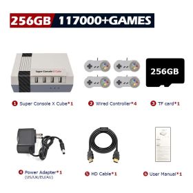 Super Console X Cube Retro Game Console Support 117000 Video Games 70 Emulators for PSP/PS1/DC/N64/MAME with Gamepads (Bundle: US plug, Color: 256G wired-4)