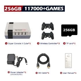 Super Console X Cube Retro Game Console Support 117000 Video Games 70 Emulators for PSP/PS1/DC/N64/MAME with Gamepads (Bundle: US plug, Color: 256G wireless-2)