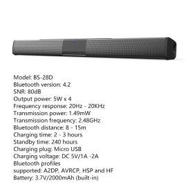 20W Soundbar TV Portable Wireless Speaker Bluetooth 5.0 HiFi Subwoofer 3D Stereo Sound with Remote Control Support TF AUX (Color: BS-28D, Ships From: China)